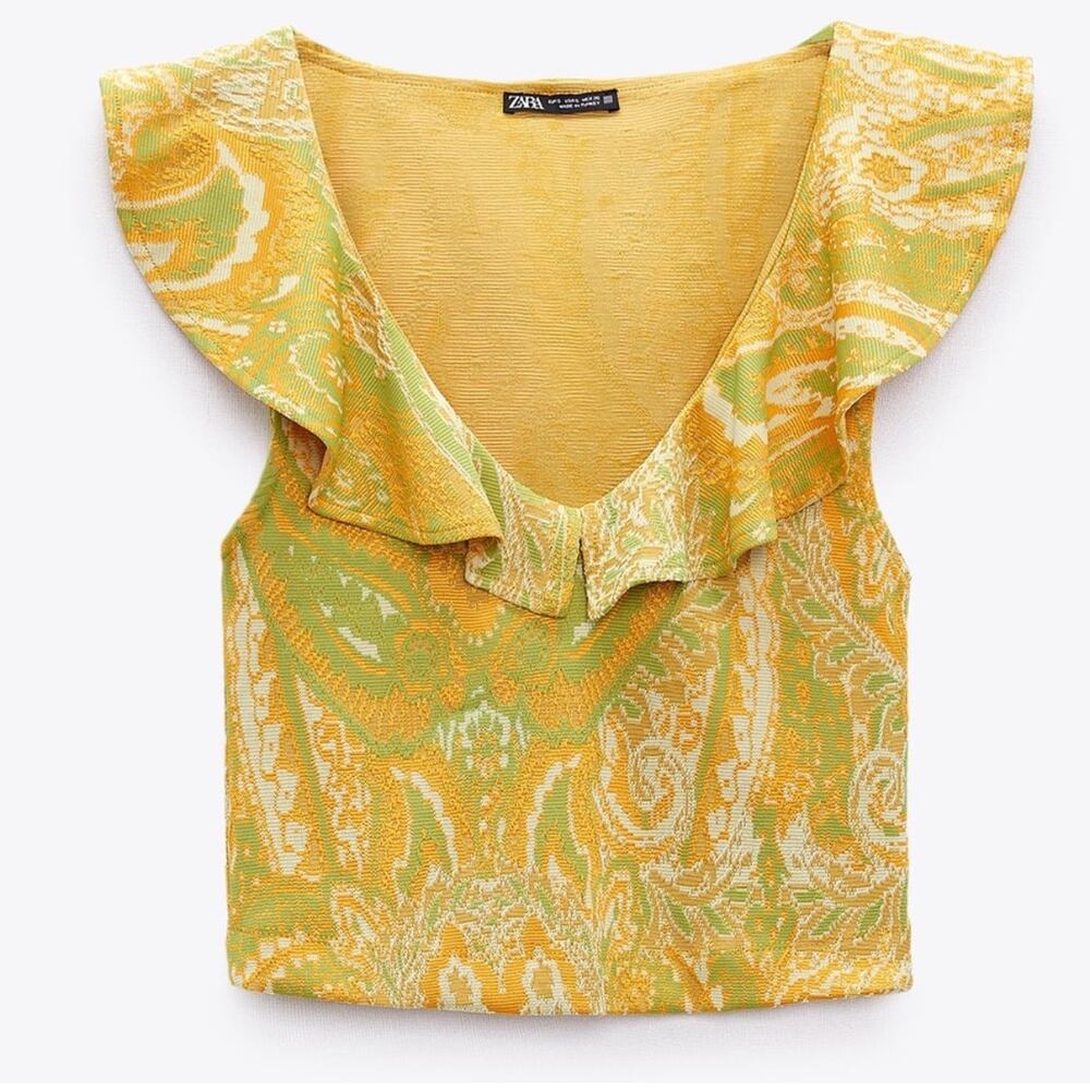 Zara Jacquard Sleeveless Ruffle Detail Top Mustard Avocado Mod Print M